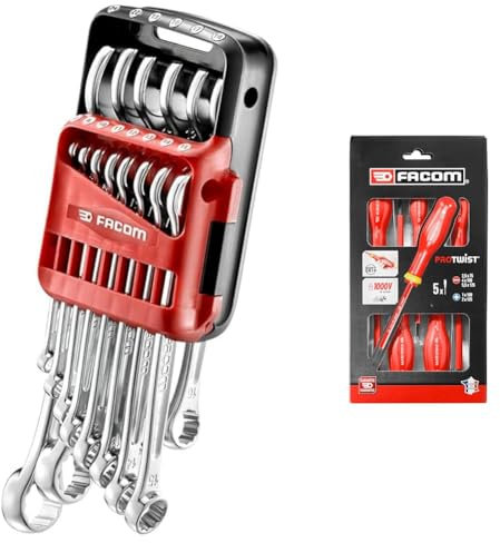 Facom - Jeu de 14 Clés Mixtes - Clefs Mixtes Métriques - Dimensions de 7 à 24 mm - Etui Portatif - 440.JP14PB & Jeu de 5 Tournevis Protwist Isolés 1000V - Tournevis - Vissage - AT5VE.PB