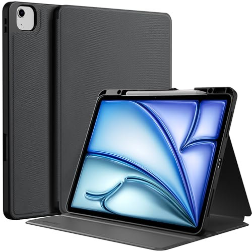 EasyAcc Coque Compatible avec iPad Air 13 Pouces 2025/2024 avec Porte-Stylo, Étui Fin Support Folio Fin, Visualisation Multi-Angles, Noir