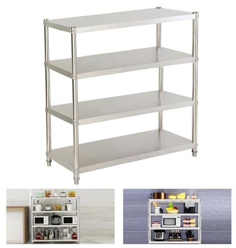 HauTour Edelstahl Küchentisch, 150 x 120 x 40 cm Küchentisch Edelstahltisch Schwerlastregal Arbeitstisch 4 Böden Gastronomie Regal, 50kg für Speisekammern, Restaurants, Küchen, Großküchen