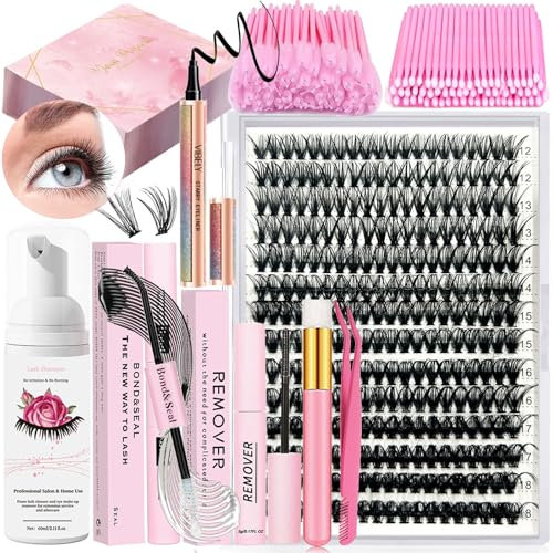 Qiveaory DIY Wimpern Extensions Kit 280Pcs Einzelne Wimpern Cluster 40D 12-18mm mit Kleber und Sealer Kleber Entferner Eyeliner WimpernShampoo Brush Wimpern Pinsel Wimpern Pinzette Mini Applikator