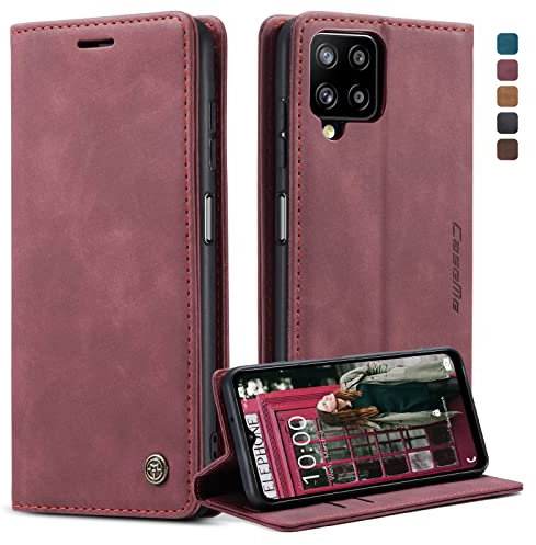 owlhold Handyhülle für Samsung Galaxy A12/M12 Hülle, Premium Lederhülle Weiches Vintage-Nubukleder Faltbare Ständer Klapphülle Kartenfach Standfunktion Schutzhülle für Samsung A12/M12 -Weinrot