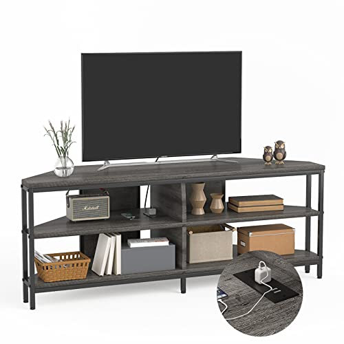 CAIYUN 140cm Corner TV Unit with Power Outlet, 55 inch TV Stand for Living Room, TV Stand Cabinet, TV Bench for 32/45/50/55/60/65 inch TV, Wooden TV Stand for Bedroom, Grey Oak
