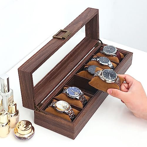 Jenngaoo Uhrenbox mit 6 Fächern, Massivholz Herrenuhren Aufbewahrungsbox, abnehmbare PU Leder Ausstellungsbox mit Glasplatte zur Aufbewahrung von Uhren und Halsketten