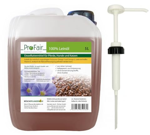 ProFair 5-Liter Leinöl + Kanisterpumpe | kaltgepresst, 100% aus reiner Leinsaat, ohne Zusätze, Einzelfuttermittel für Pferd, Hund und Katze
