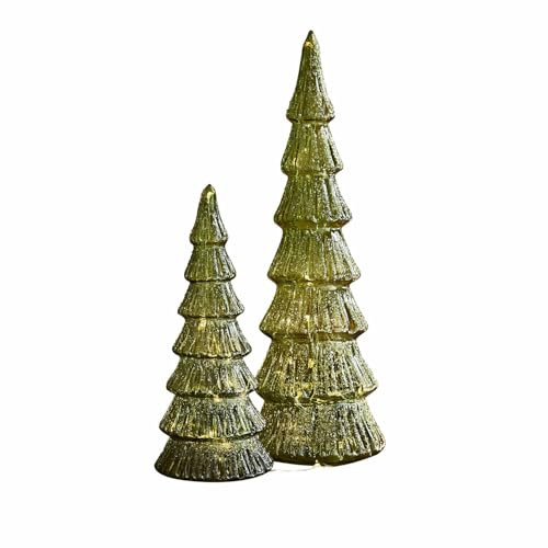 Loberon LED-Baum 2er Set Merrton, grün | Zwei Größen - Zucker-Finish - Batteriebetrieben - Romantische Lichtstimmung - Weihnachtsdeko - Weihnachten