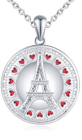 Yumilok Damen Halskette 925 Sterling Silber Kette Herz Eiffelturm Paris Rot Rund Medaillon zum Öffnen für Bilder Foto Amulett