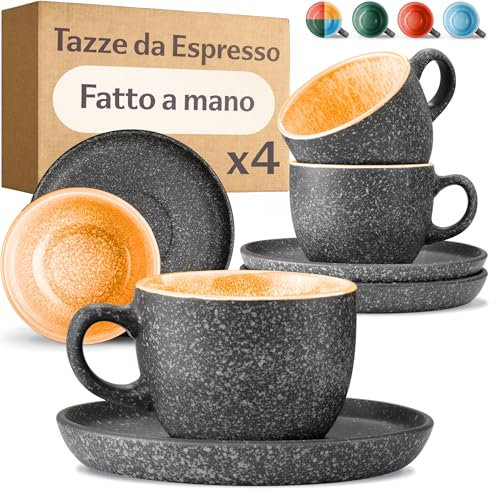 Cosumy Espresso Cups and Saucers – Set of 4-90ml Ceramic Demitasse Coffee Mugs - 𝗘𝘅𝘁𝗿𝗮-𝗧𝗵𝗶𝗰𝗸 Stoneware with Handmade Reactive Glaze – Keeps Coffee Warm Longer