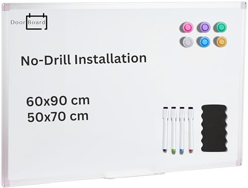 DoorBoard No-Drill Magnetic Whiteboard for Over-Door and Wall-Mount, 50X70 CM Portable White Board with Aluminium Frame | Includes Marker Pens, Magnets and Eraser