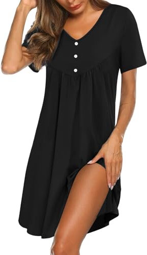 Crewhpo Chemise de Nuit Femme Coton Robe de Nuit à Manches Courtes Col V Vêtements de Nuit Ample Boutons Décoratifs Couleur Unie Noir M