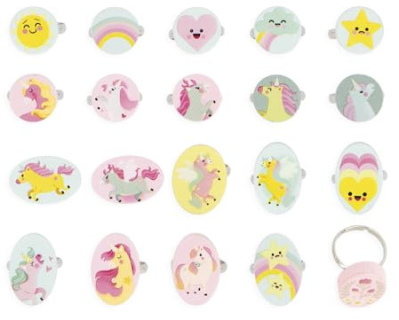 Janod J08881 Janod-20 Holzringe Thema Einhorn für Kinder-10 Rund + 10 Oval-Verstellbare Ringe-Holz-und Metallschmuck-Spielzeug für Mädchen-Modisches Accessoire-Ab 3 Jahre-J08881