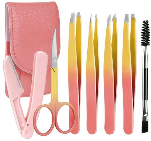 Juego de pinzas profesionales de acero inoxidable para cejas (7 Piezas), pinzas de acero inoxidable, Para eliminar pelos encarnados, vello facial, Rosa