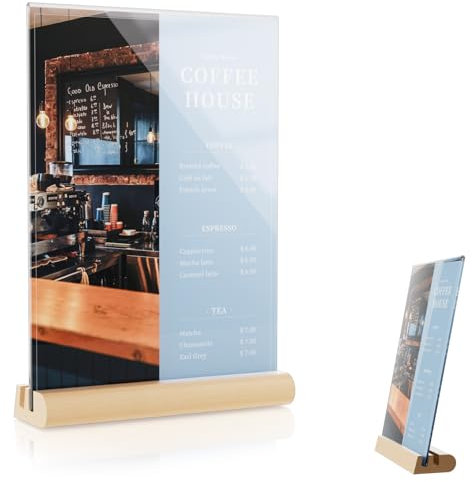 Zephyra Soporte Metacrilato A5,A5 Soporte para Letreros de Acrílico,Soporte de Sobremesa Transparente con Base de Madera Extraíble,Forma de F/L Ranura doble,Exhibición de Doble Cara para Tienda,Hotel