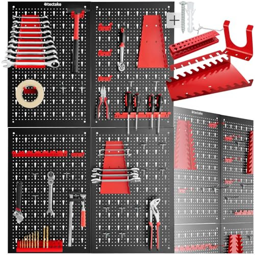 tectake® Organizador de Herramientas de Pared, Panel Perforado, Estantería de Taller con Ganchos, Banco de Herramientas, Herramientas Bricolaje, Tablero Perforado - 4 Tableros