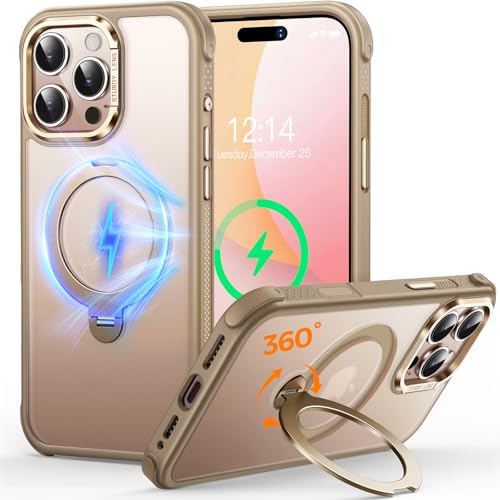 Custodia O3 Mag-Stand per iPhone 16 Pro Max con Supporto a 360°,[Compatibile con MagSafe][Eccezionalmente Delicata Sulla Pelle] Sottile Eopaca Magnetica Traslucida 6,9, Oro Opaco