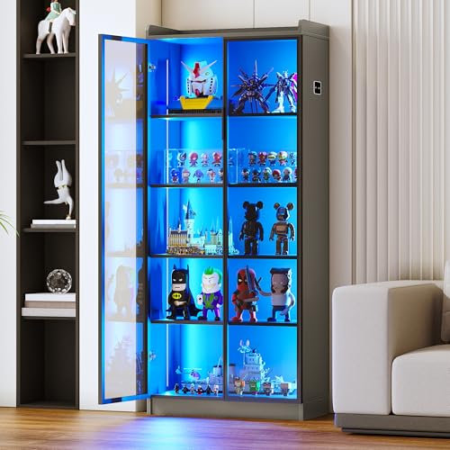 Gurexl Vitrine mit LED Beleuchtung und Intelligente Sensorik,Glasvitrine Stehend mit Höhenverstellbaren Böden,Acryl Vitrine mit 5 Böden Standvitrine,für Wohnzimmer,Schlafzimmer,Büro,Grau