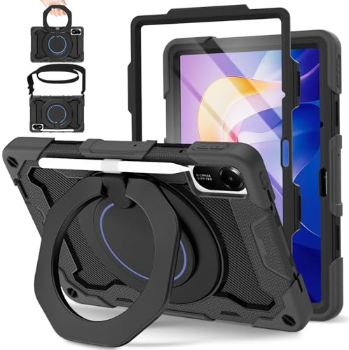 ROISKIN für Xiaomi Redmi Pad 2 Hülle 11 Zoll 2025 mit Displayschutz,Schwarz | mit Schultergurt und Stifthalter, Heavy Duty Stoßfeste Military Case für Redmi Pad 2, 360°Drehbarer Ständer Hülle für Kinder