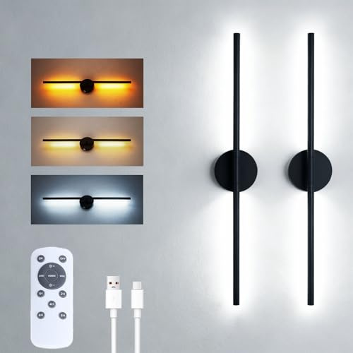 EJUXPSE Battery Operated Wall Sconces, 2 Pack 8000mAh Rechargeable Wall Lights, 3000K-6000K Dimmable Wireless Wall Light with Remote Control, 70CM Black Wall Lamp for Living Room Bedroom Hallway
