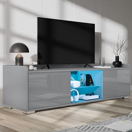 Blisswood TV Unit – 140 Cm High Gloss LED TV Stand Cabinet with 20-Colour RGB Lights, Glass Shelf, Cupboards & Storage, Stylish Tv Cabinet for Living Room Furniture, Suitable for 43–55” TVs (Grey)