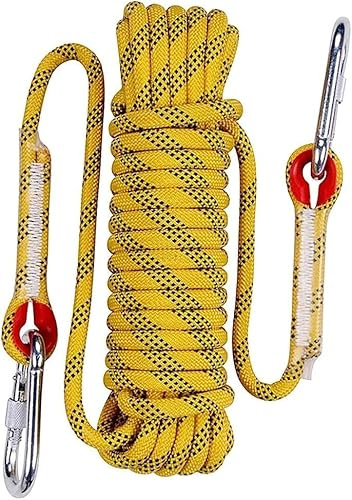 Static Climbing Rope, 10mm x 10m, 2000 lb Load Capacity, Double Carabiner Hooks, Yellow Polyester