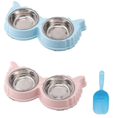 3Pcs Double Cat Bowl Set with Stand, Stainless Steel Pet Food Water Bowls | Non-Spill Feeding Station for Cats, Kittens, Small Dogs and Puppies, Ideal Pet Supplies Gifts Accessories Pink and Blue