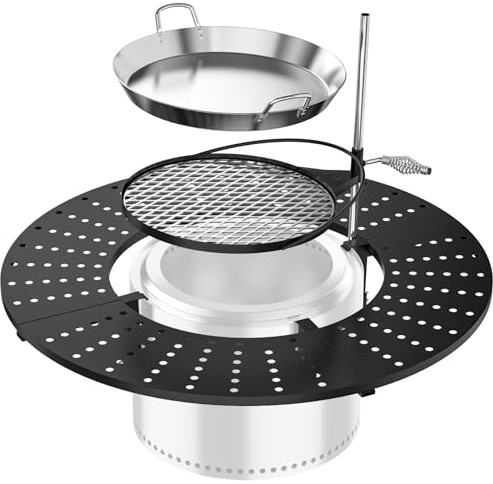 onlyfire 3-in-1 Feuerstelle Surround Tischplatte für Solo Stove Bonfire 49,5cm, Höhenverstellbar & 360° Schwenkbar, Abnehmbar Runde Feuerstellentisch mit Grillrost & Pfanne für Getränke und Speisen