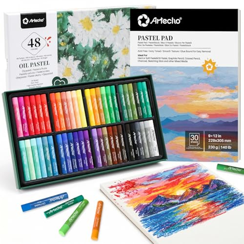 Artecho 48C Heavy Color Ölpastell mit Pastellpapier-Block-Set | Weiche Ölpastellkreide, für Kunstmalerei, Zeichnen, Mischen, für Künstler, Anfänger, Studenten, Lehrer