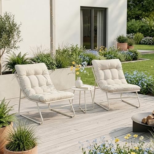 casa.pro Gartenmöbel Set Malmö Balkonmöbel 3-teilig Garnitur Outdoor Lounge Tisch mit 2 x Sessel wetterfest Couchtisch Gartenstühle Metall Beige