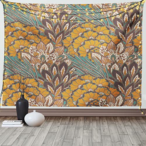 ABAKUHAUS Blumen Wandteppich und Tagesdecke, Blumen und Peacock aus Weiches Mikrofaser Stoff Waschbar ohne Verblassen Digitaldruck, 230 x 140 cm, Petrolblau Blasser Kaffee