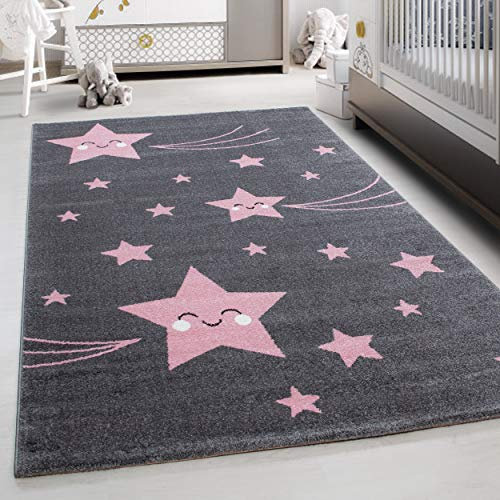 Teppium Kinderteppich für Jungen und Mädchen Sterne Muster 160 x 230 cm Pink - Kurzflor Waschbarer Teppich Extra Weich und Antiallergen - Teppich für Kinderzimmer, Babyzimmer und Spielzimmer
