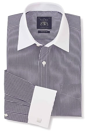 THE SAVILE ROW COMPANY LONDON Men's Classic Fit Cotton Poplin Formal Shirt - Double Cuff - Dark Navy White Stripe - 16.5 Collar - Standard