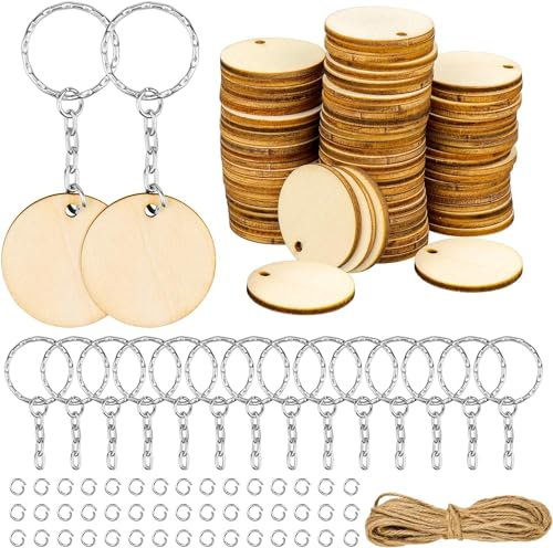 Dreamtop 100 Stück Natürliche Runde Holzscheiben 3.5cm Unfertige Holzkreise mit Loch mit 50 Stück Schlüsselanhänger und 10m Hanfseil zum Basteln Hängende Dekoration Weihnachtsschmuck