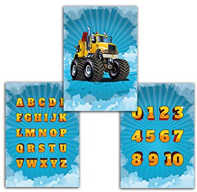 Plakat für Kinderzimmer Monster-Truck Zahlen Buchstaben ABC Poster Jungen Deko für Babyzimmer Wandbilder A4 (3-er Set)