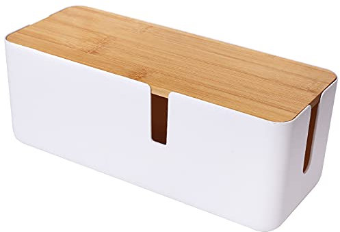 Changsuo Kleine Kabel-Management-Box mit Bambus-Deckel für Verlängerungskabel, Stromstreifen, Überspannungsschutz, Draht-Concealer-Organizer, Abdeckung Versteck (weiß)