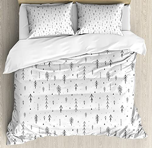 ABAKUHAUS Wald Bettbezug Set für Einzelbetten, Simplistic Tannenbaum Kunst, Milbensicher Allergiker geeignet mit Kissenbezug, 230 x 220 cm - 70 x 50 cm, Weiß und Dunkelgrau