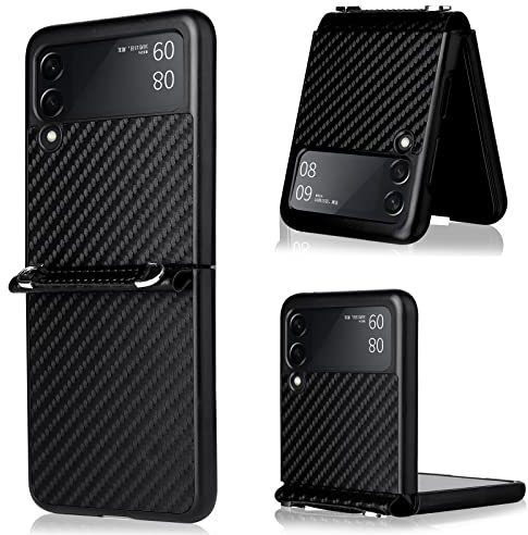 WEIOU Hülle für Samsung Galaxy Z Flip3 (Z Flip 3) 5G Case, Handyhülle Cover Bumper Carbon Fibre Harter PC Und PU-Leder Stoßfest Schutzhülle mit Schlüsselband. Schwarz