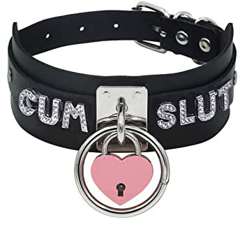 paloli Schwarzes Herz Vorhängeschloss O-Ring Choker Halskette für Damen, Punk Gothic Buchstabe Lederhalsband Rosa Vorhängeschloss Cosplay Schmuck (CUM)