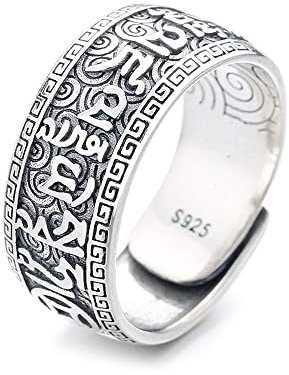 Lllunimon 925 Sterling Silber Muster geprägtes Sechs-Charakter-Mantra-Ring Exquisit Buddhist Wide Version Ring, tibetischer Amulett-Ring Unisex