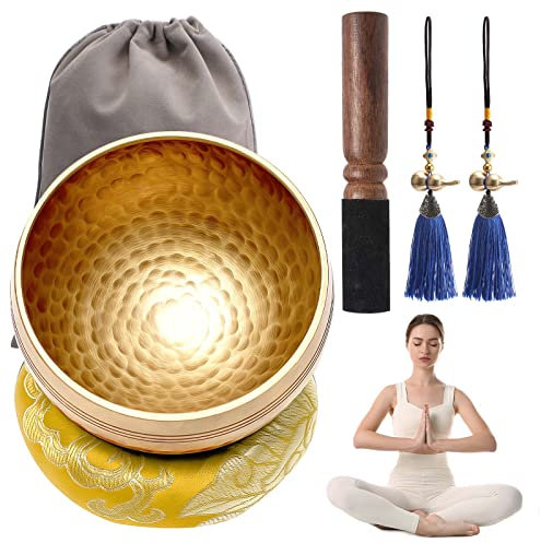 Bol Chantant, Bol de Méditation contient Maillet en Bois/Coussin de Soie/2 Pendentifs de Gourde/Sac de rangement, Bol Tibétain Ø 11 cm/410 g, Bol Chantant Yoga pour Relaxation Mentale/Yoga/Méditation