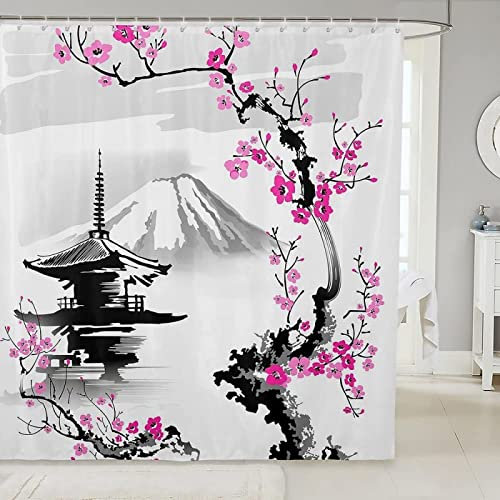 SEYUMI Rideau de Douche Mont Fuji, Japon Rideau Douche 3D Fleurs de Cerisier Anti Moisissure Tissu Polyester Rideau Salle de Bain pour Baignoire, Rideaux de Douche 80 x 180 avec 8 Crochets
