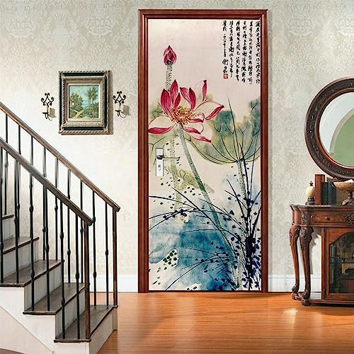 A.Monamour Türtapete Selbstklebend Türfolie Türposter 3D Lotusblumen Im Chinesischen Malstil Vinyl Folie Türdeko Tapete Wandbild Türaufkleber Türtattoo 77x200cm
