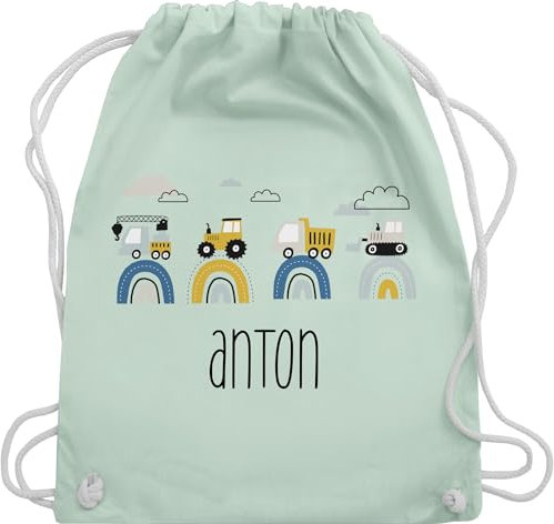 Turnbeutel Rucksack - Baustelle I Traktor I Bagger I Kran I Kipper I LKW I Planierraupe - Unisize - Pastell Grün - rucksäcke kindergarten junge personalisierter stoffbeutel trecker traktoren