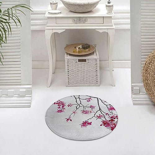 Runder Waschbare rutschfeste Badezimmer Teppich Japanische Kirschblüte Sakura-Baum Blumen Zweig Rund Klein Badematte 60 cm,Teppiche für Eingangsbereich Innen Dusche Zimmer Kinderzimmer Schlafzimmer