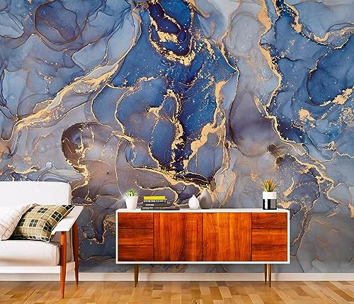GIVLWF Papier Peint Panoramique de Marbre Bleu, Motif Doré à L'encre Poster Murale Intissé - pour Chambre Salon Décoration Murale - 300 x 210 cm