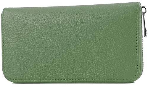 modamoda de SILBER-P02 Damen Leder Geldbörse Portemonnaie lang Handmade in Italy, Farbe:Graugrün