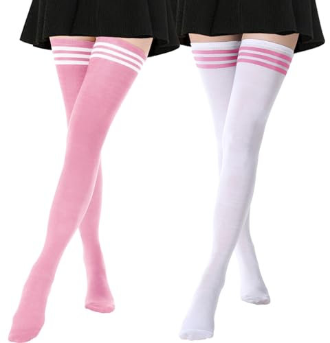 DRESHOW 2 Pairs Extra Long Thigh High Socks Long Boot Stockings Striped Over Knee Socks for Women Cotton Leg Warmers
