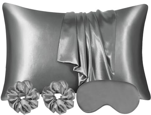AUAUY 2er Set Satin Kissenbezug Kissenhülle 50x75cm,Weich wie Seidenkissenbezug,Bessere Pflege als Silk Pillosecase,Satin Kopfkissenbezug Kissenhülle für Haar und Haut mit Augenmaske 2 Haargummis-Grau
