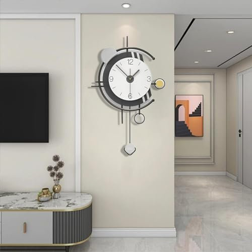 Reloj de Pared Moderno, Minimalista Creativo Reloj Pared Decorativo Grande Silencioso sin tictac Marco de Metal + Esfera de Madera Reloj Pared Original para Cocina Sala Dormitorio Oficina, 59*36 cm
