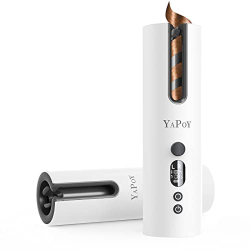 YAPOY Schnurlose Automatischer Lockenstab Wiederaufladbar Automatischer Lockenwickler mit 5 Temperaturen & Timer Wärmeisolationskammer LCD-Bildschirm Geeignet für kurzes und langes Haarstyling - Weiß