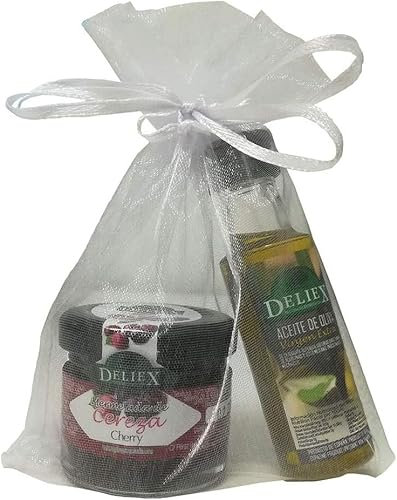 Regalo para eventos compuesto por botella de Aceite de Oliva miniatura Deliex con tarrito de mermelada de cerezas