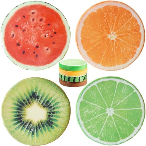 Tsffae 4 Stück Runde Fruchtkissen, Gefüllte Dekokissen 3D Wassermelone Kiwi Orange Zitrone Sitzkissen Dekorativ Kissen Für Schlafzimmer, Wohnzimmer, Büro
